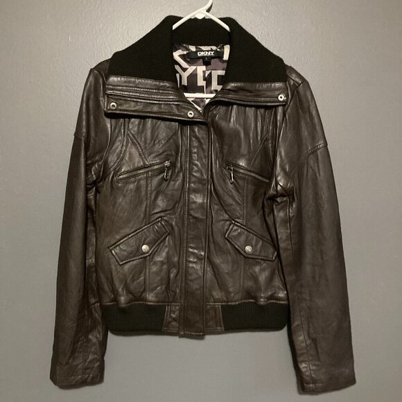 DKNY Womens L Bomber Jacket Brown Faux Leather Aviator Collar Pockets - Picture 1 of 9